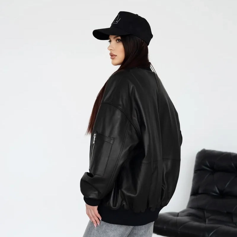 Women's Oversized MA-1 Leather Bomber Jacket