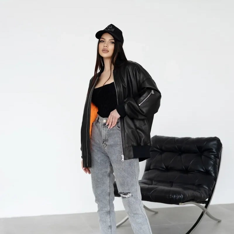Women's Oversized MA-1 Leather Bomber Jacket