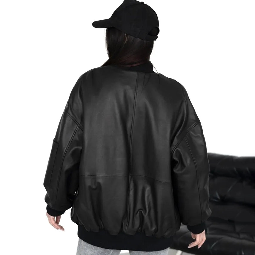 Women's Oversized MA-1 Leather Bomber Jacket