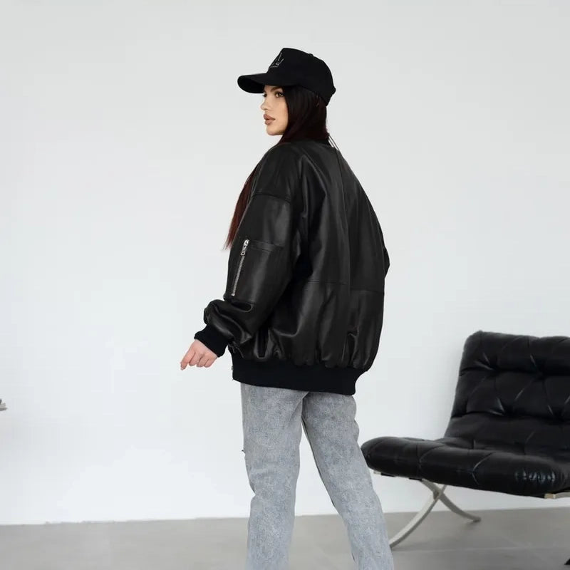 Women's Oversized MA-1 Leather Bomber Jacket
