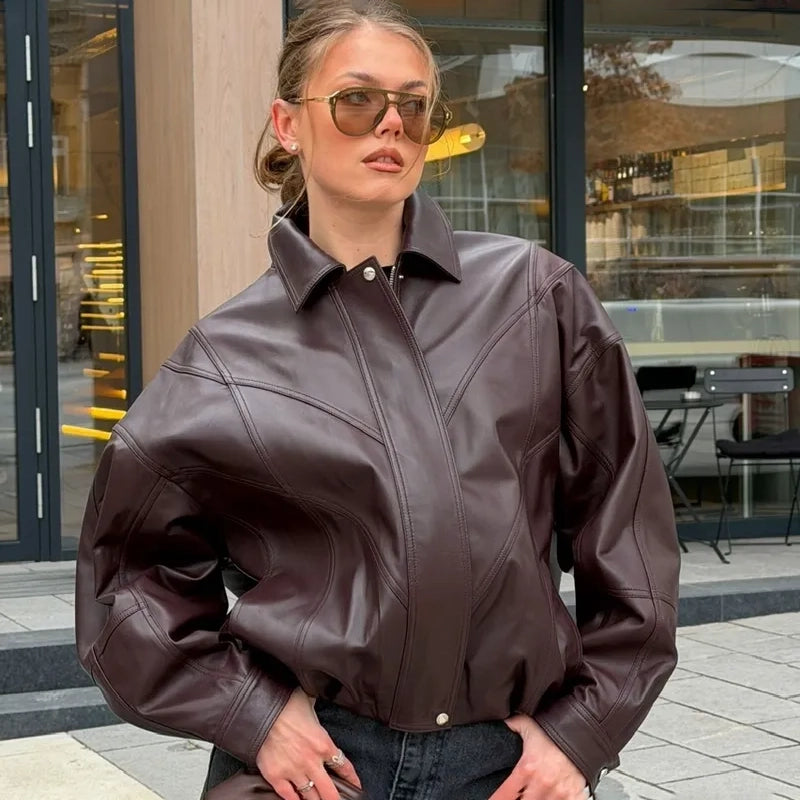 Women's Oversized Panelled Leather Bomber Jacket