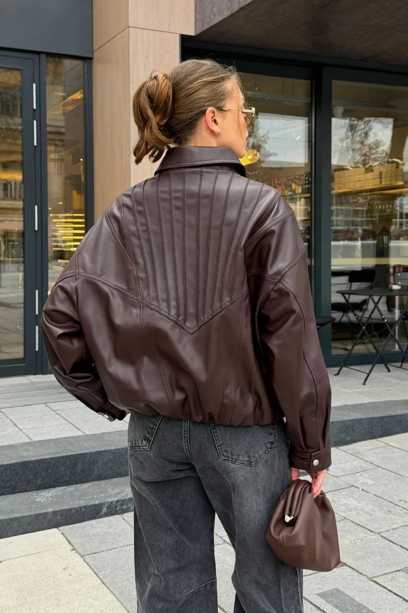 Women's Oversized Panelled Leather Bomber Jacket