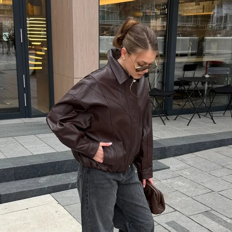 Women's Oversized Panelled Leather Bomber Jacket