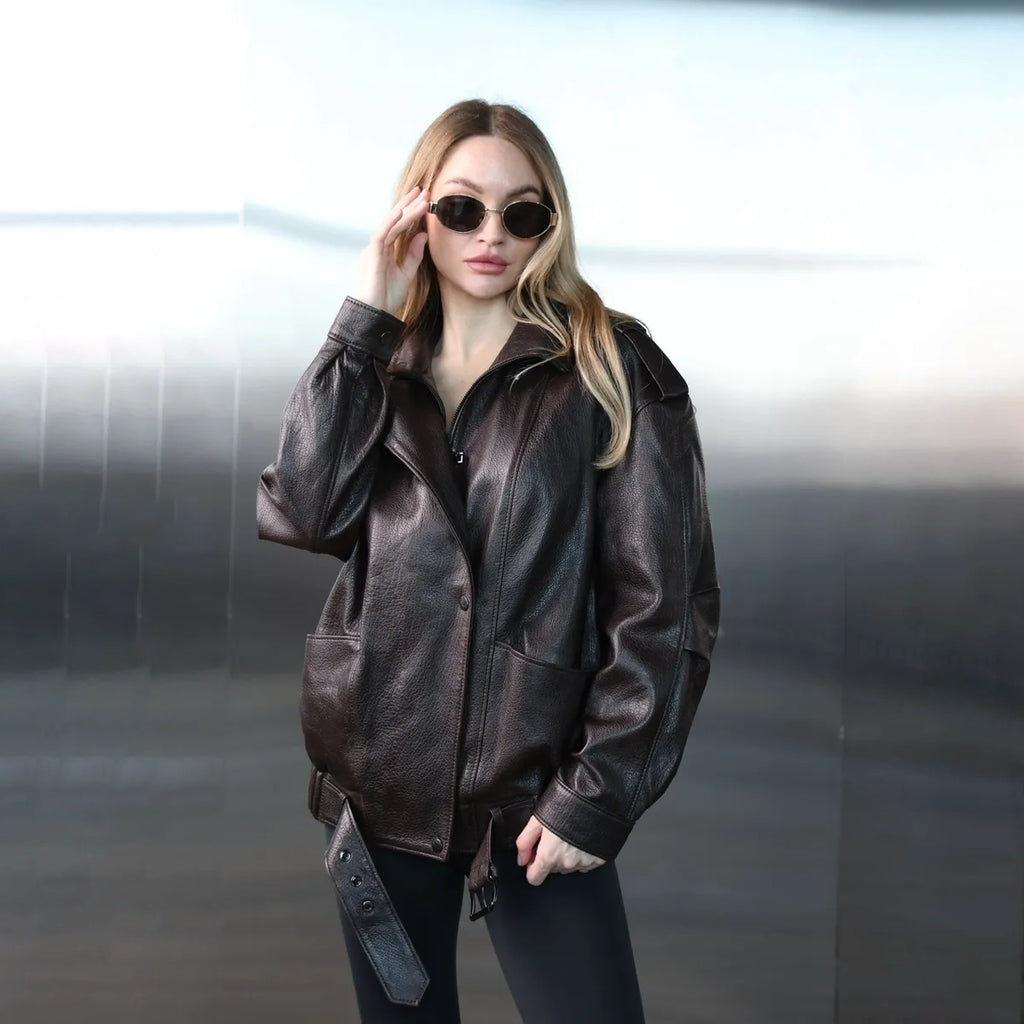 Women's Oversized Textured Leather Bomber Jacket
