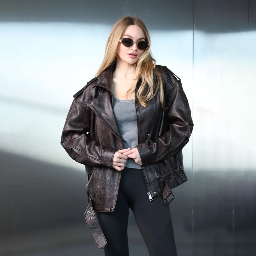 Women's Oversized Textured Leather Bomber Jacket