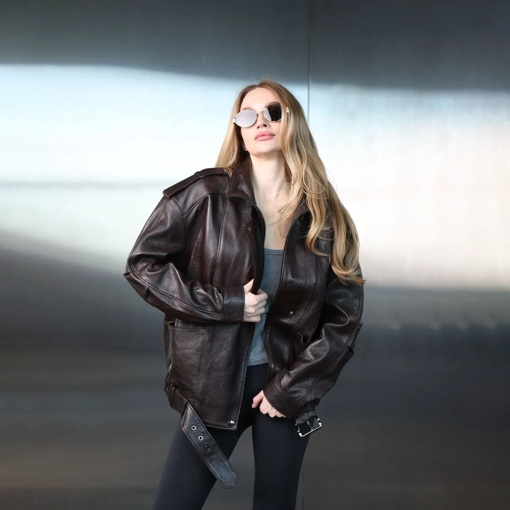 Women's Oversized Textured Leather Bomber Jacket