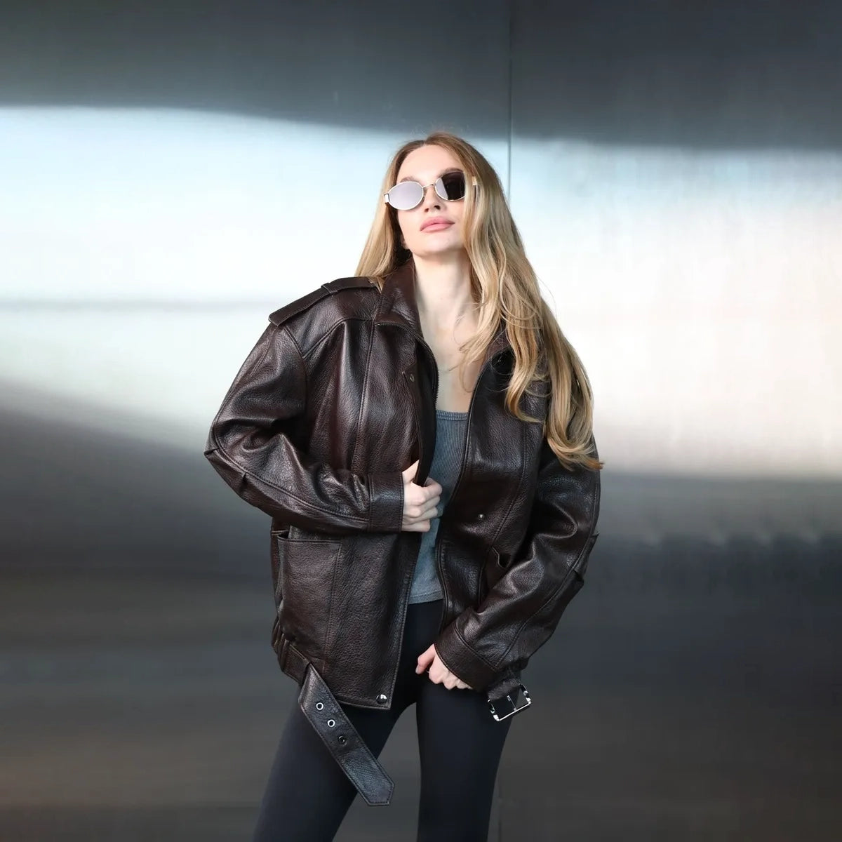 Women's Oversized Textured Leather Bomber Jacket
