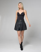 Women's Pleated Belted Leather Mini Skirt