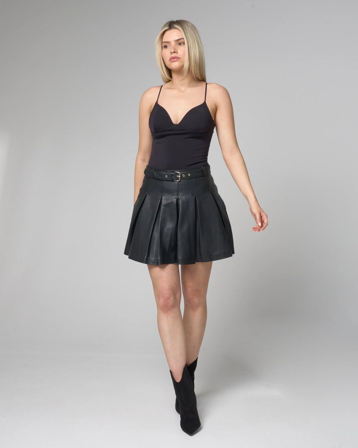 Women's Pleated Belted Leather Mini Skirt