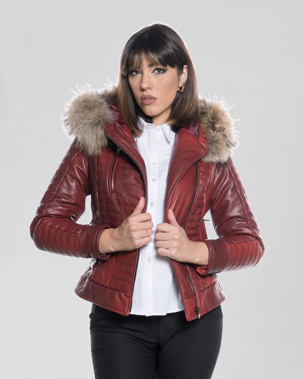 Women's Biker Leather Jacket with Faux Fur Hood - Down Style