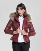 Women's Biker Leather Jacket with Faux Fur Hood - Down Style