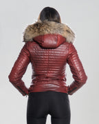 Women's Biker Leather Jacket with Faux Fur Hood - Down Style