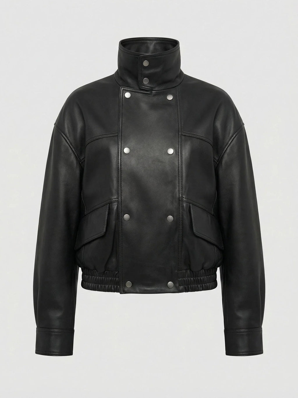 Women's Relaxed Fit Black Leather Bomber Jacket with Funnel Neck