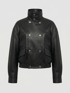 Women's Relaxed Fit Black Leather Bomber Jacket with Funnel Neck