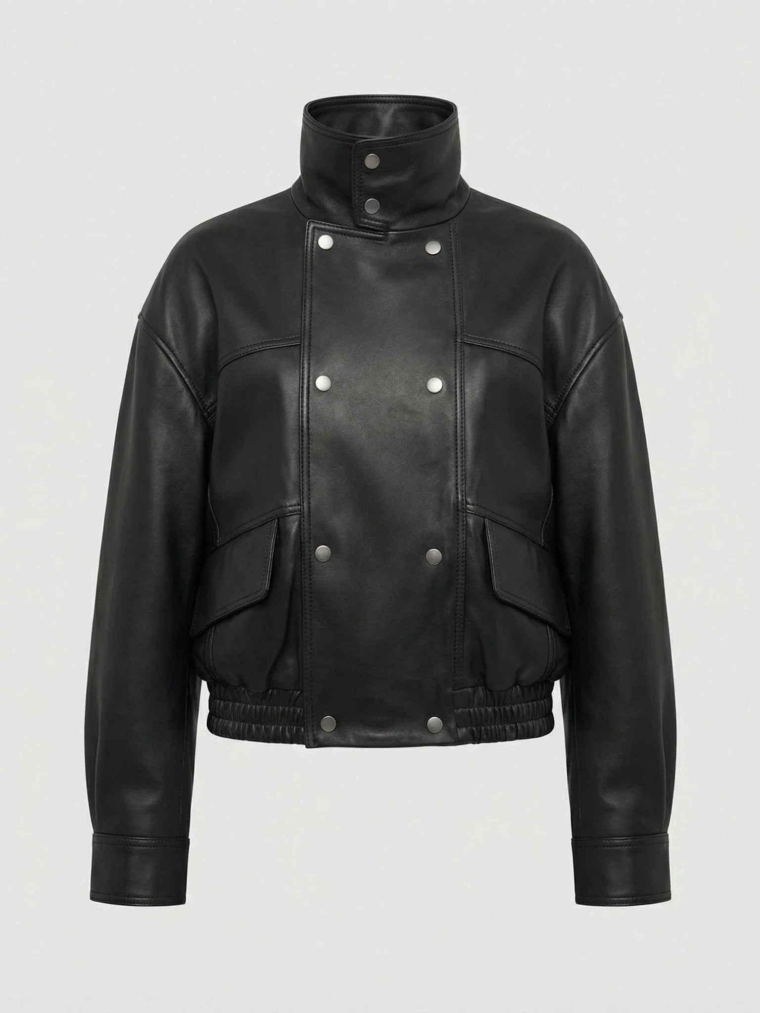 Women's Relaxed Fit Black Leather Bomber Jacket with Funnel Neck