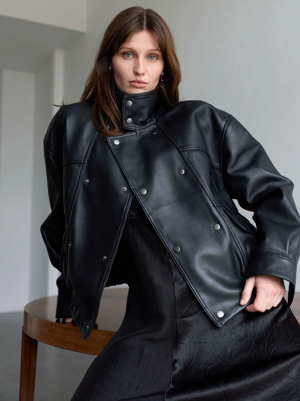 Women's Relaxed Fit Black Leather Bomber Jacket with Funnel Neck