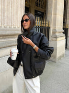 Women's Relaxed Fit Black Leather Bomber Jacket with Funnel Neck