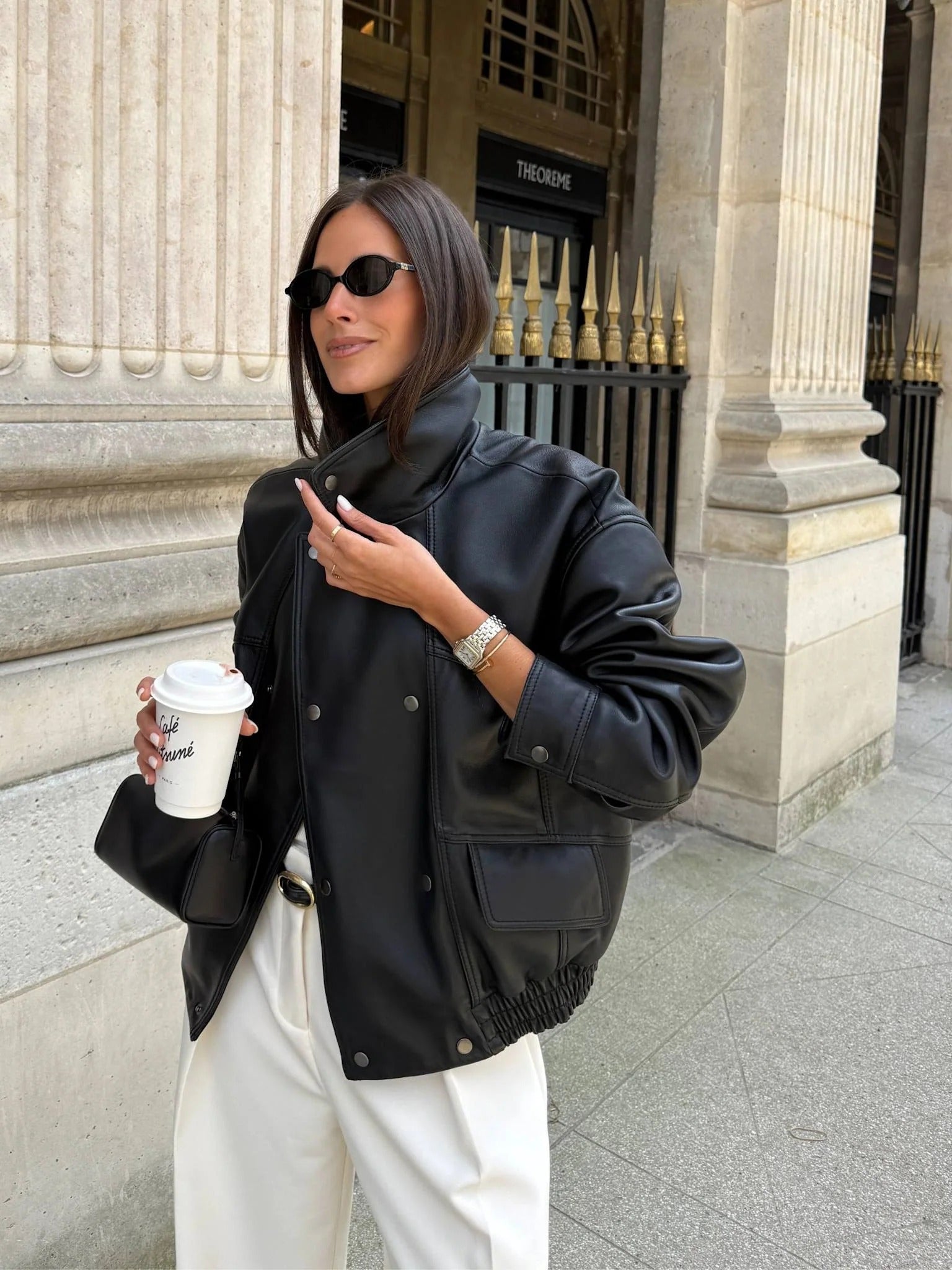 Women's Relaxed Fit Black Leather Bomber Jacket with Funnel Neck