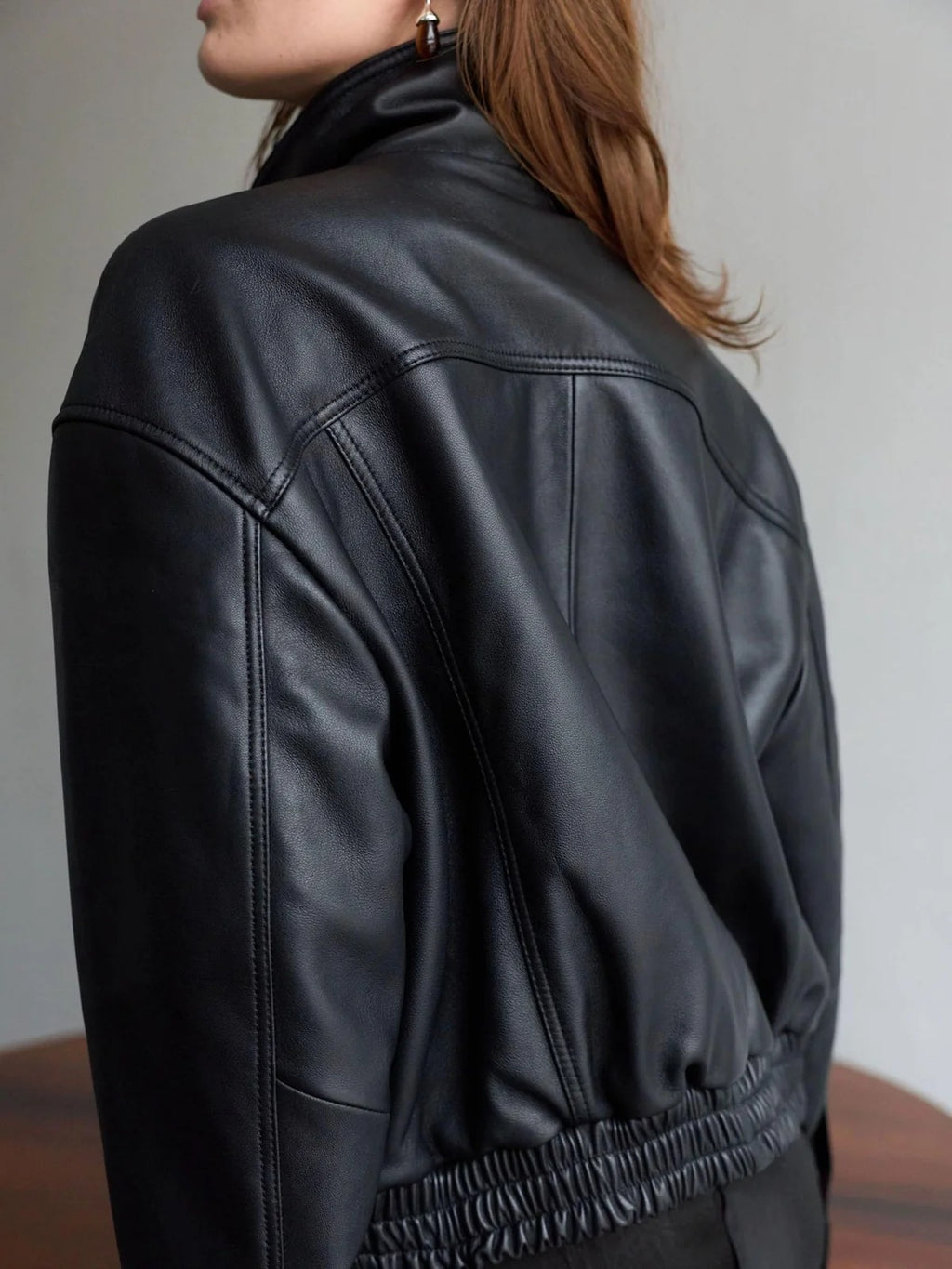 Women's Relaxed Fit Black Leather Bomber Jacket with Funnel Neck