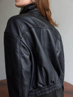Women's Relaxed Fit Black Leather Bomber Jacket with Funnel Neck