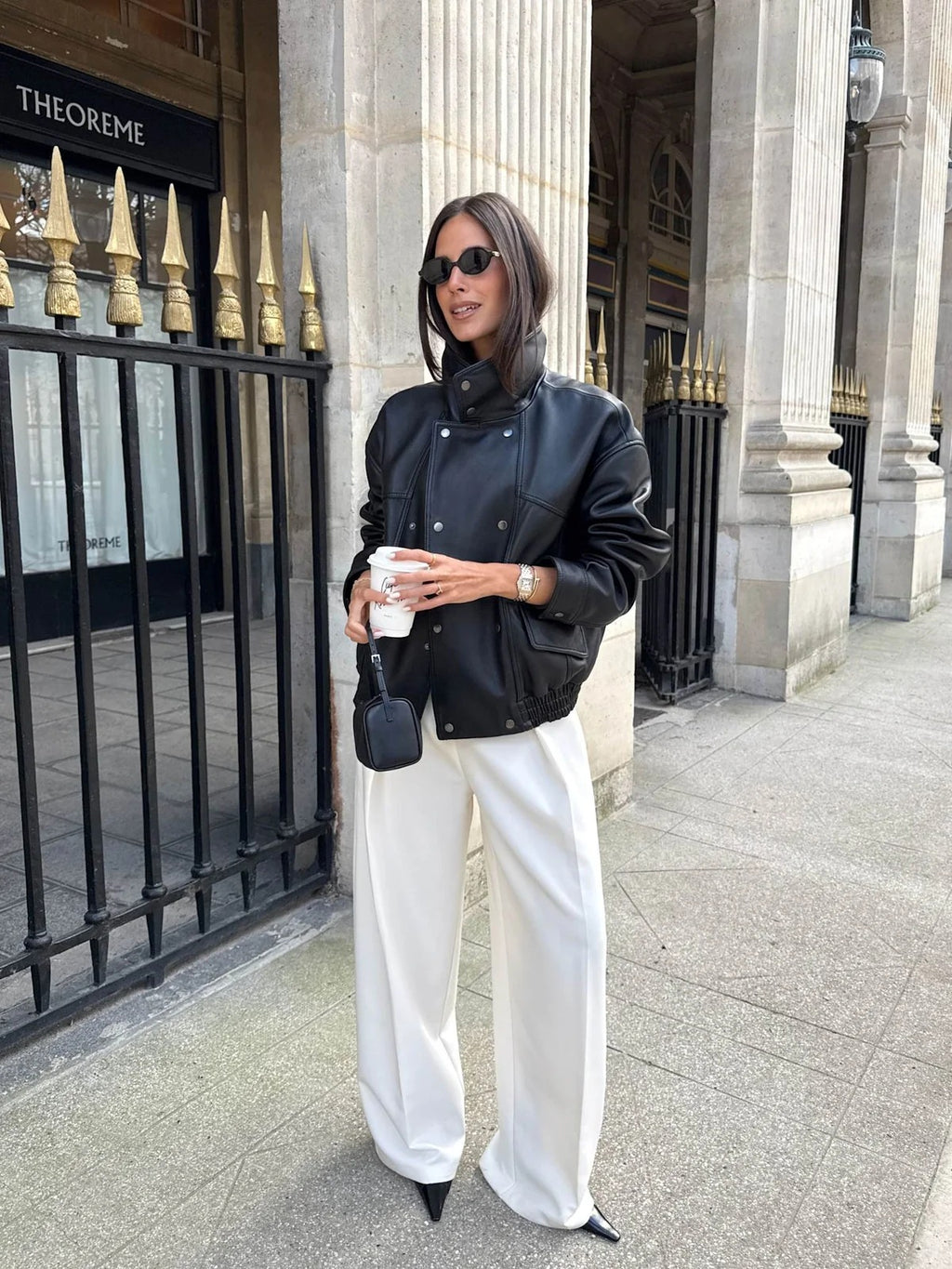 Women's Relaxed Fit Black Leather Bomber Jacket with Funnel Neck