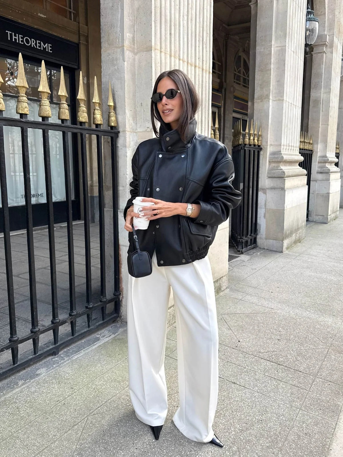 Women's Relaxed Fit Black Leather Bomber Jacket with Funnel Neck