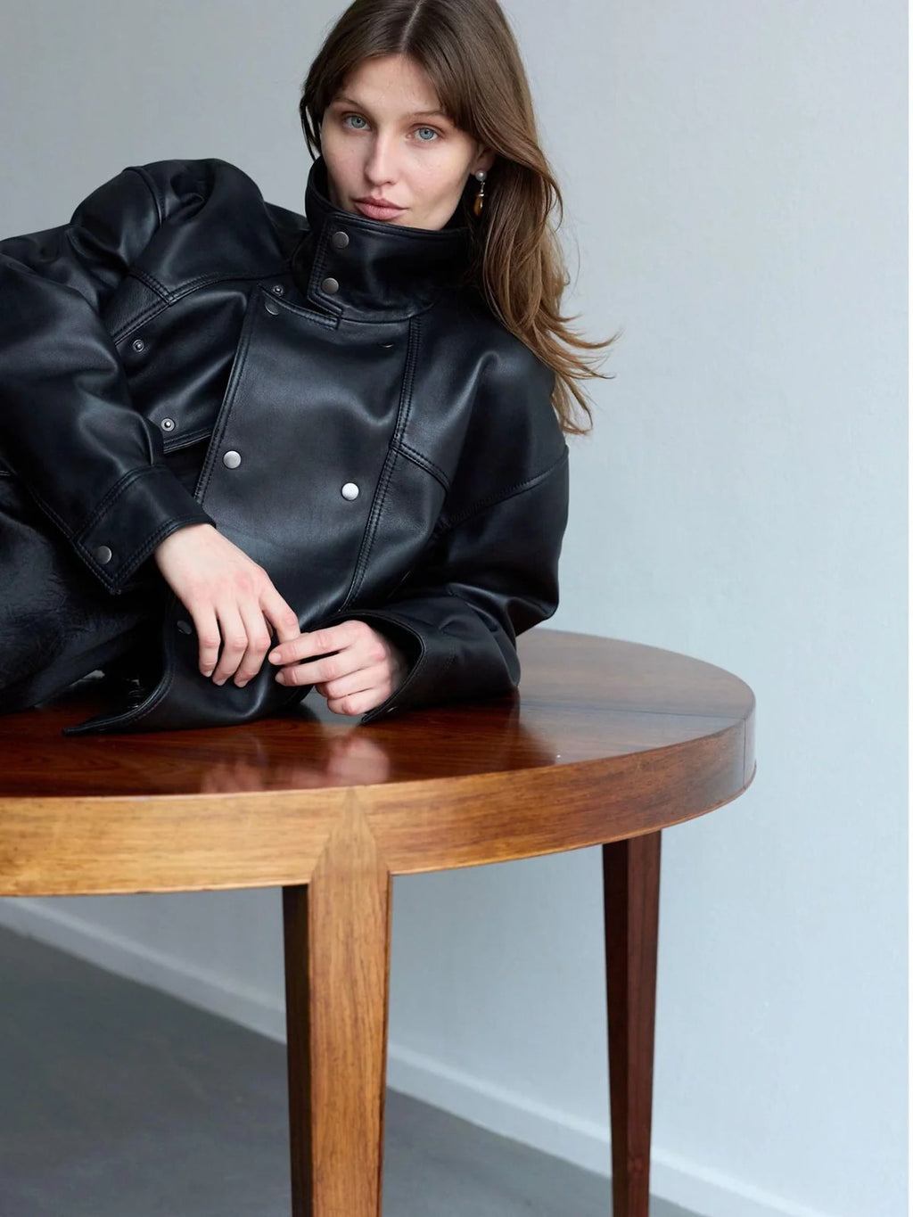 Women's Relaxed Fit Black Leather Bomber Jacket with Funnel Neck