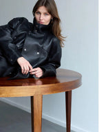 Women's Relaxed Fit Black Leather Bomber Jacket with Funnel Neck