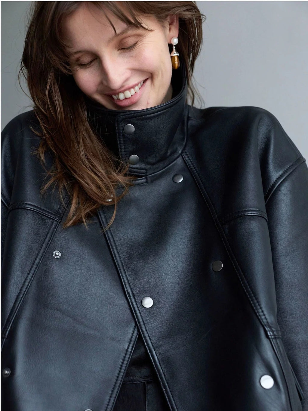 Women's Relaxed Fit Black Leather Bomber Jacket with Funnel Neck