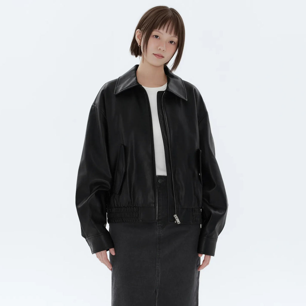 Women's Relaxed Leather Jacket with Fold Collar