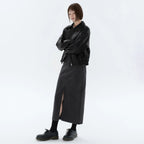 Women's Relaxed Leather Jacket with Fold Collar
