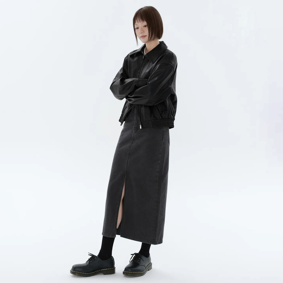 Women's Relaxed Leather Jacket with Fold Collar