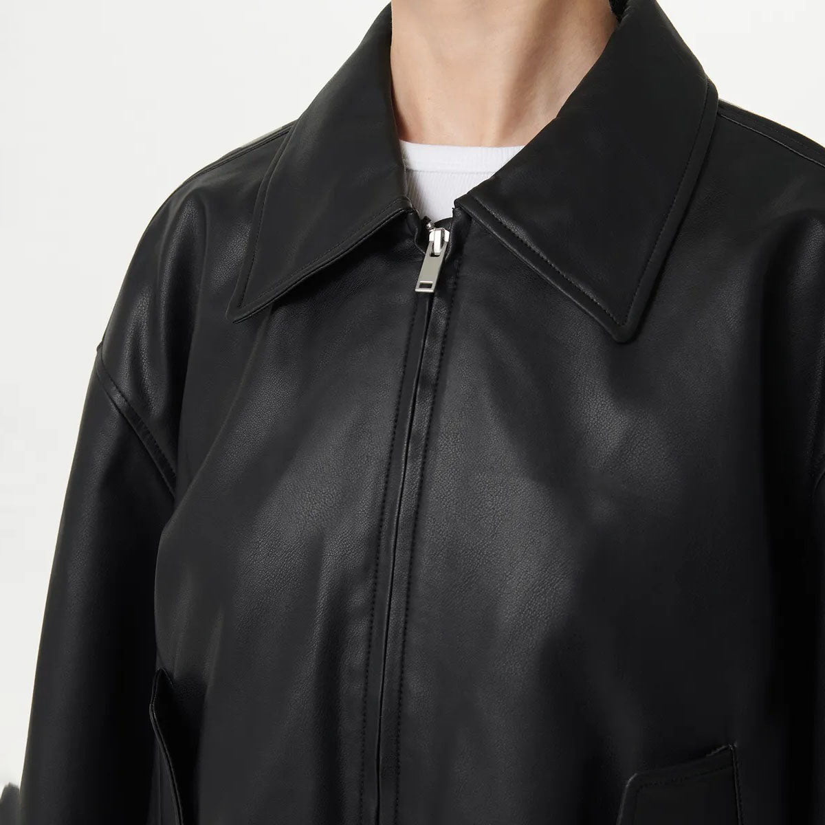 Women's Relaxed Leather Jacket with Fold Collar