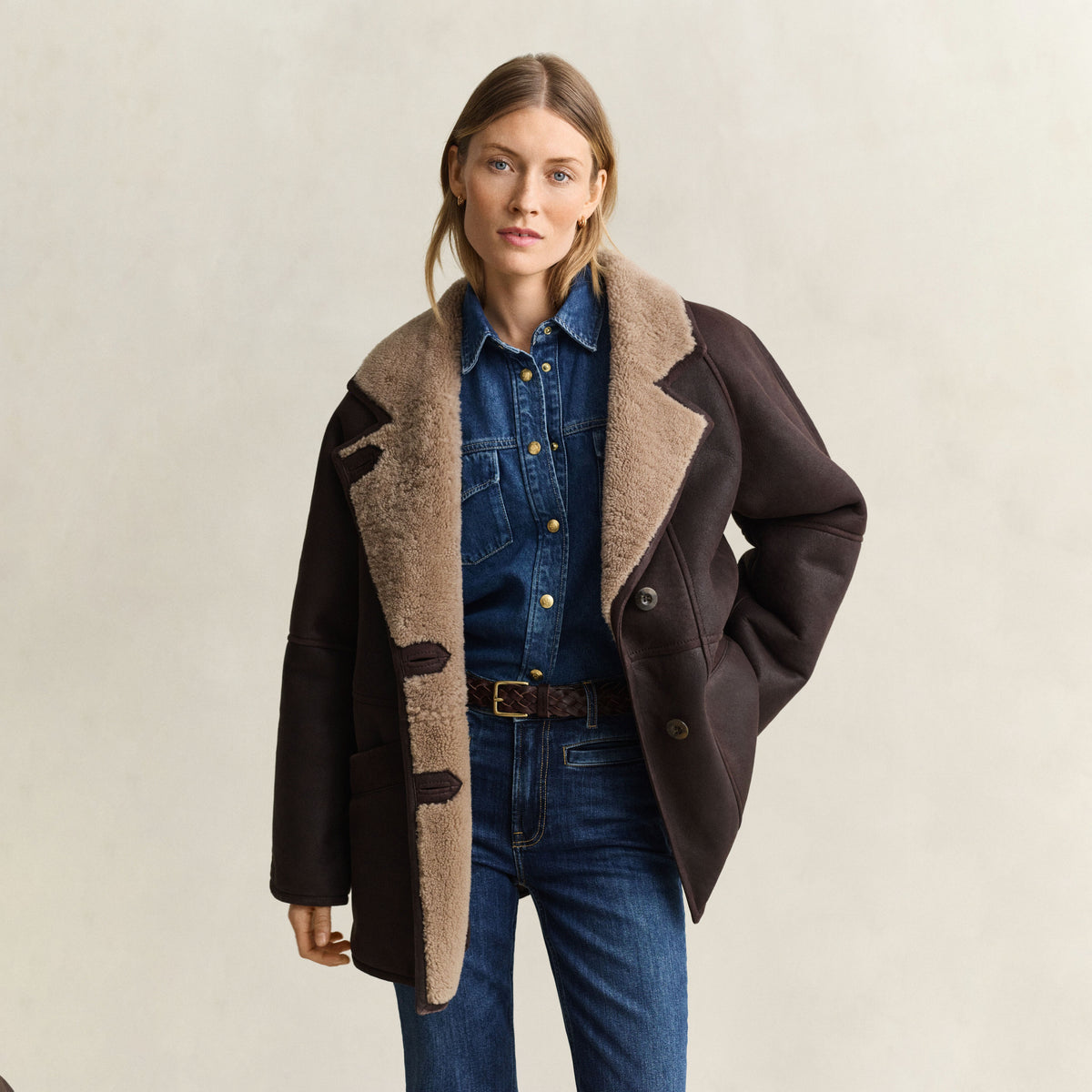 Women's Relaxed Notch-Lapel Shearling Leather Coat