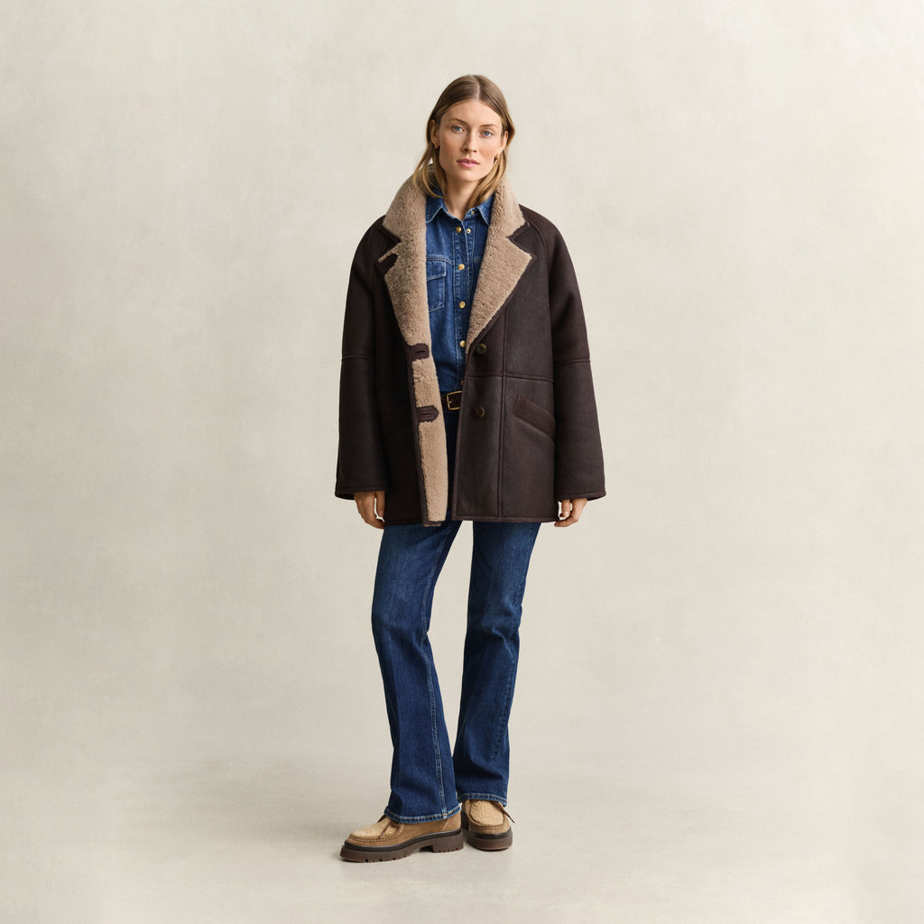 Women's Relaxed Notch-Lapel Shearling Leather Coat