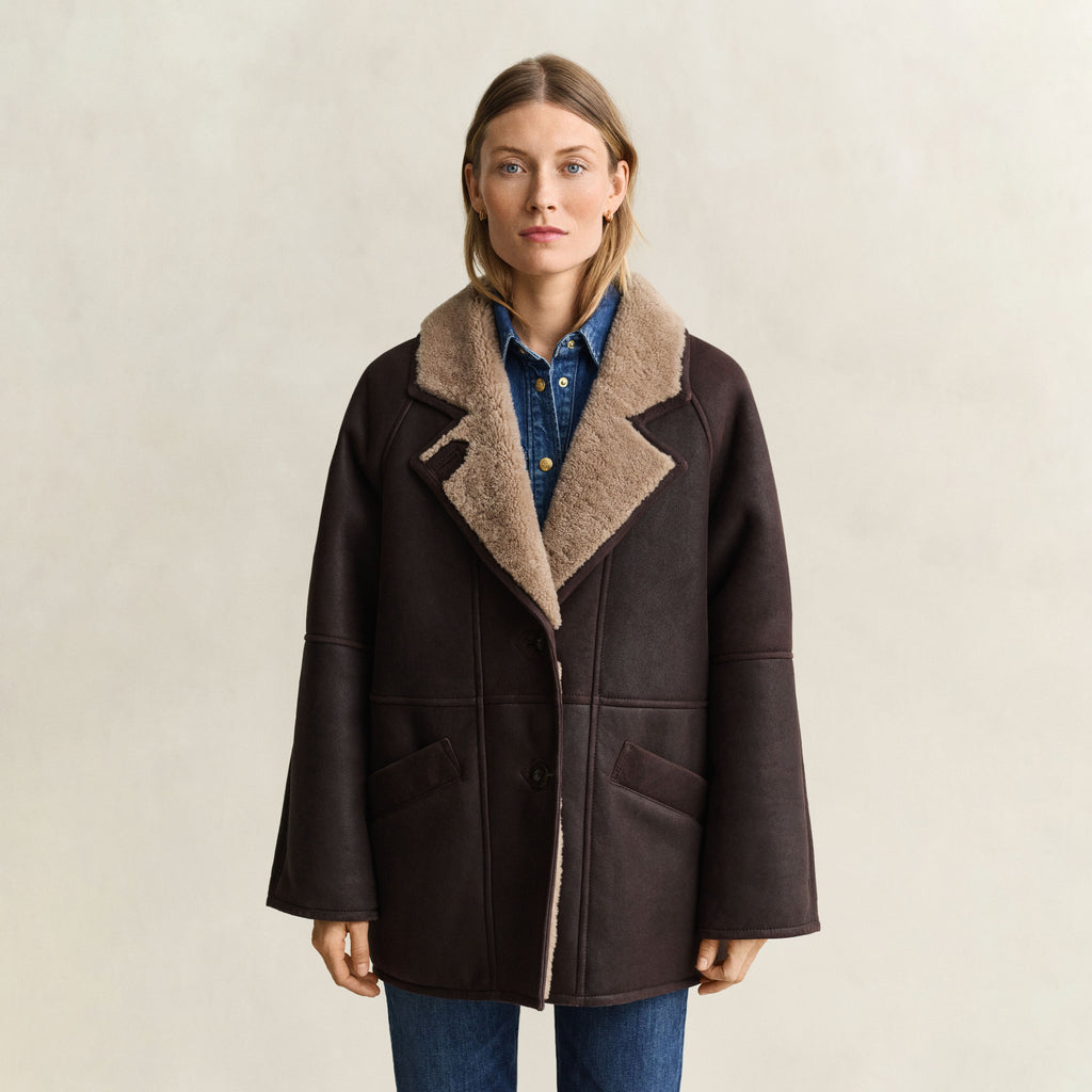 Women's Relaxed Notch-Lapel Shearling Leather Coat