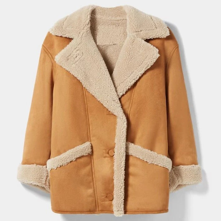 Women's Relaxed Notch-Lapel Shearling Suede Coat