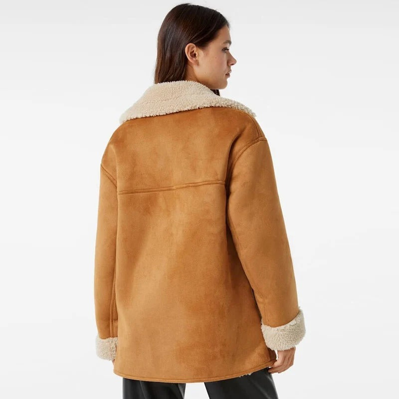 Women's Relaxed Notch-Lapel Shearling Suede Coat
