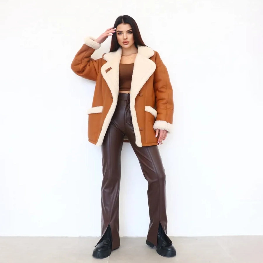 Women's Relaxed Shearling-Lined Leather Jacket Coat