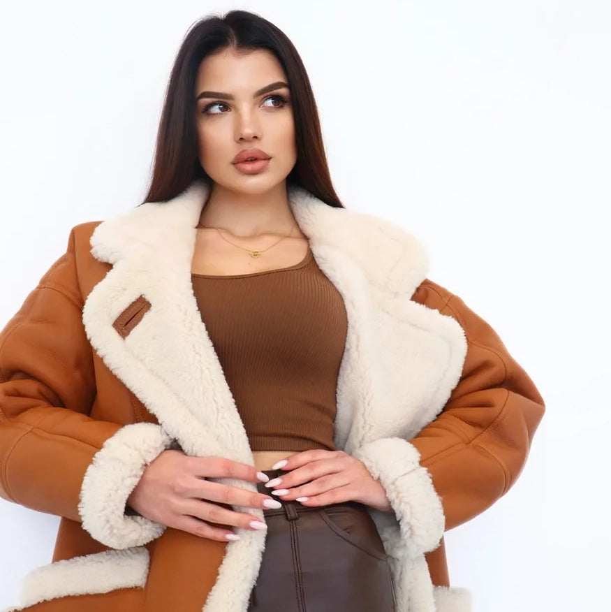 Women's Relaxed Shearling-Lined Leather Jacket Coat