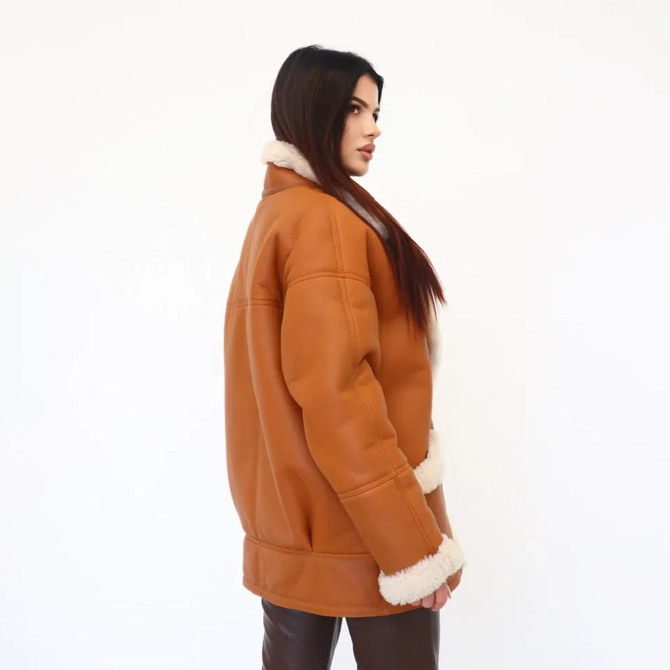 Women's Relaxed Shearling-Lined Leather Jacket Coat