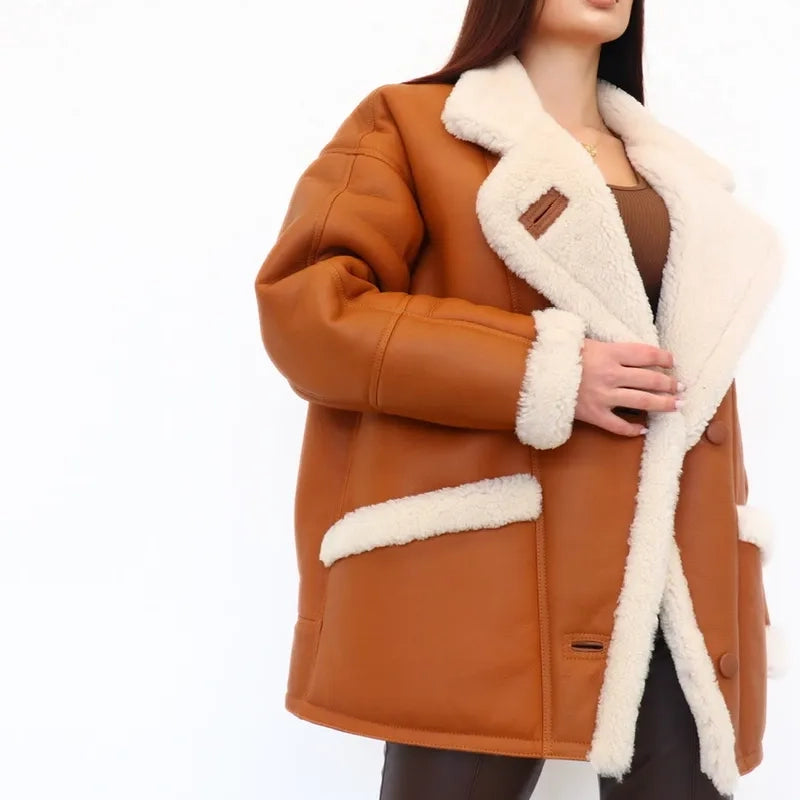 Women's Relaxed Shearling-Lined Leather Jacket Coat