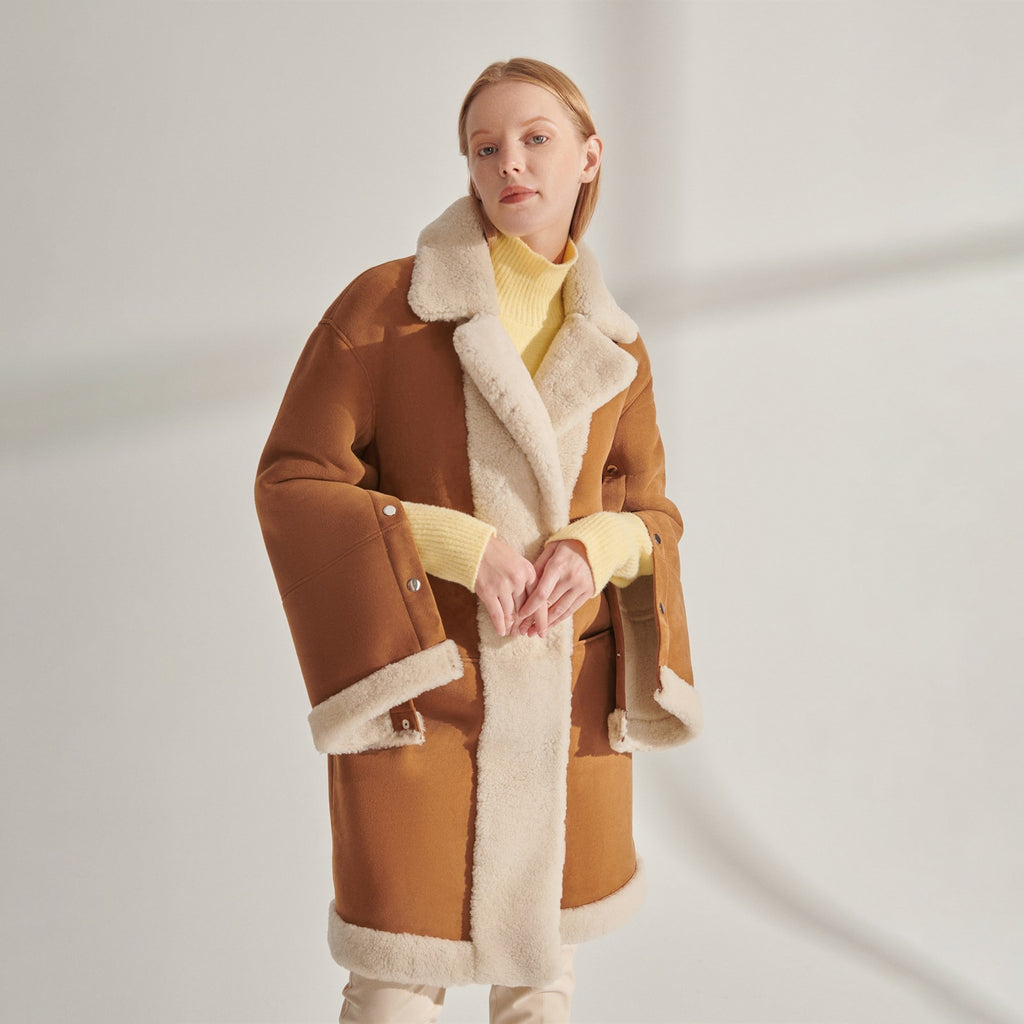 Women's Shearling-Lined Mid-Length Suede Coat with Snap Sleeves