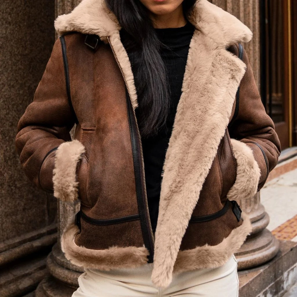Women's Brown Shearling Leather Jacket — Handmade Real Leather Jacket