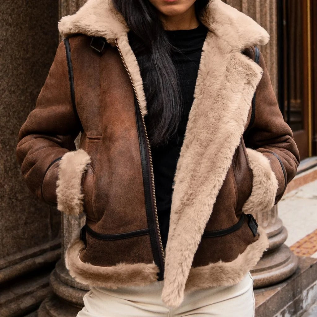 Women's Brown Shearling Leather Jacket — Handmade Real Leather Jacket