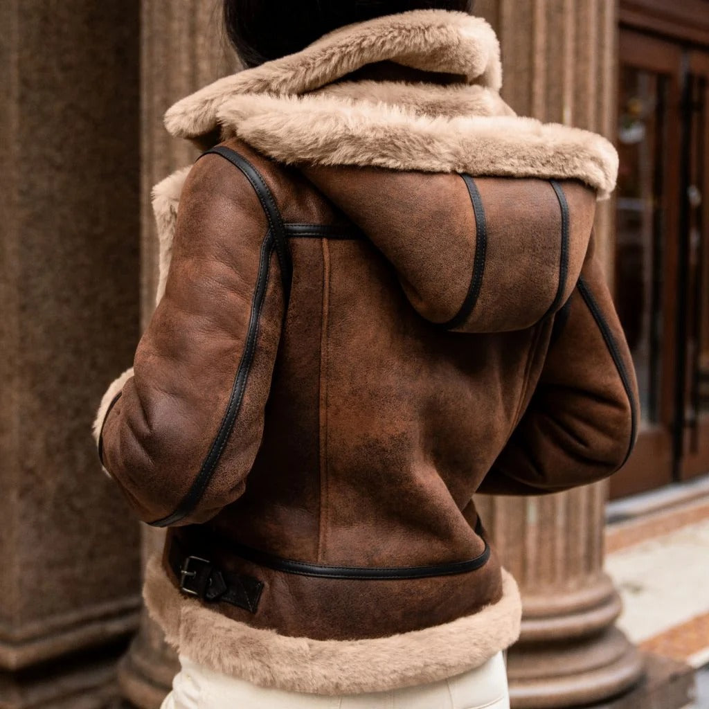 Women's Brown Shearling Leather Jacket — Handmade Real Leather Jacket