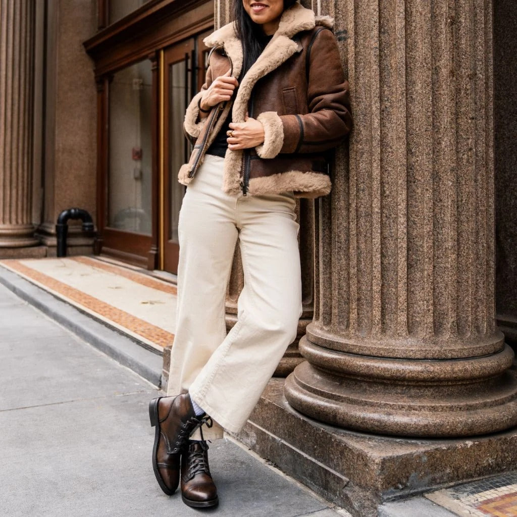 Women's Brown Shearling Leather Jacket — Handmade Real Leather Jacket