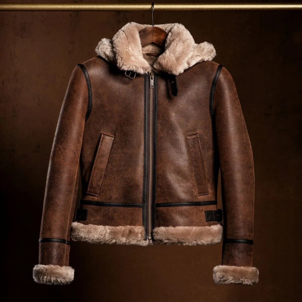 Women's Brown Shearling Leather Jacket — Handmade Real Leather Jacket