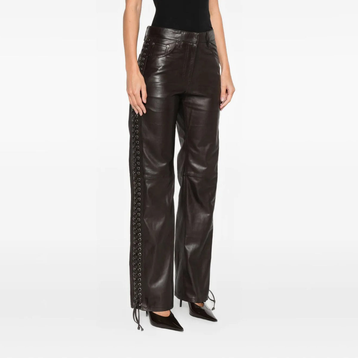 Women's Side Lace Up Straight Leg Leather Pants