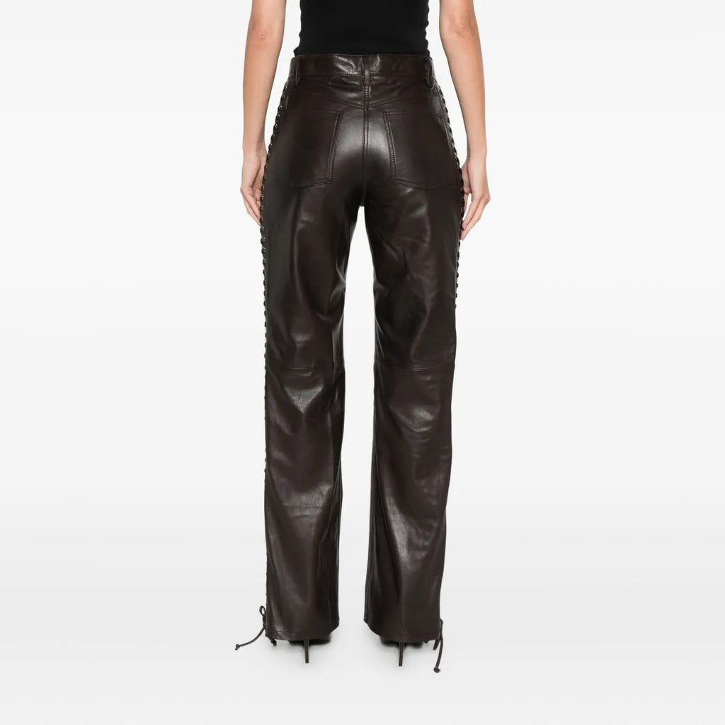 Women's Side Lace Up Straight Leg Leather Pants